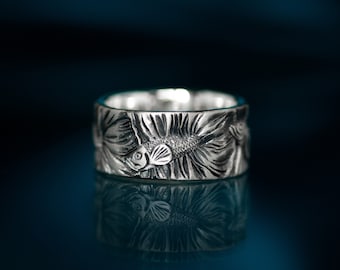 Handmade Sterling Silver Fish Ring – Wide Band Ocean Jewelry