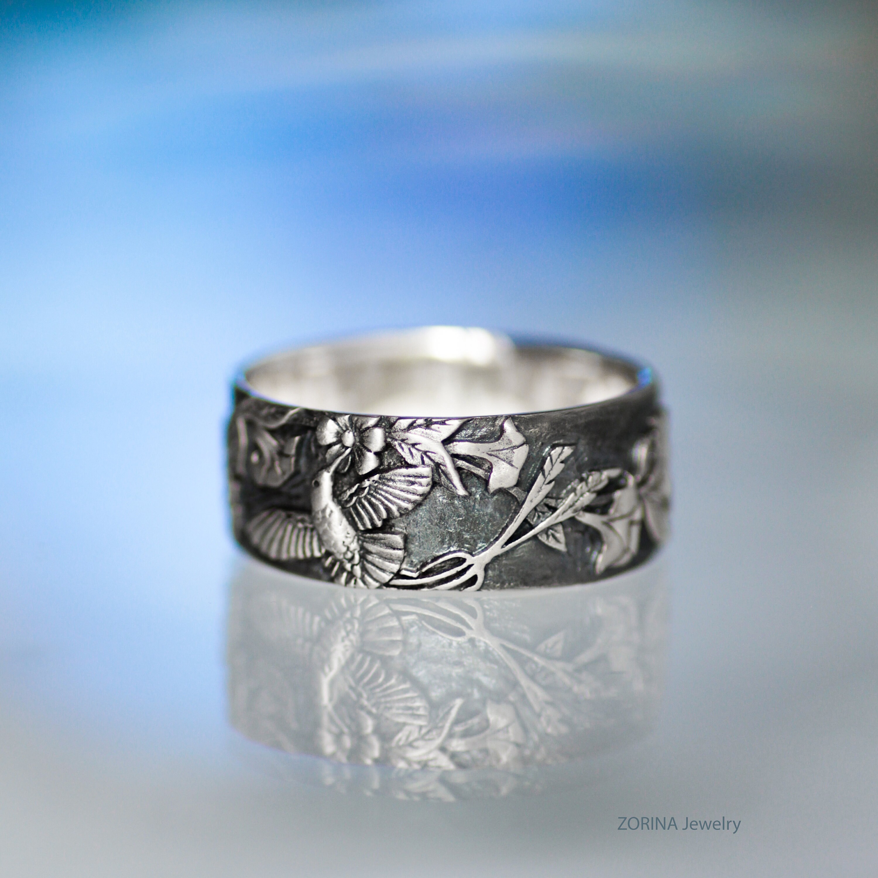 Hummingbird silver ring Bird's ring Wide silver ring Etsy