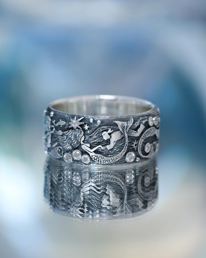 Handmade Silver Mermaid Ring – Ocean Topaz Gemstone Ring image 9