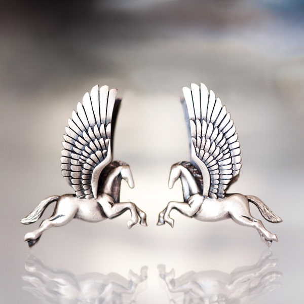 Pegasus earrings,  Pegasus, Silver pegasus earrings,  Silver wings,  Fancy silver earrings, Horse,