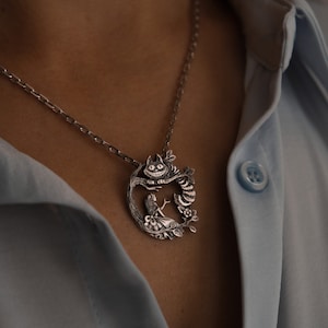 Alices Adventures in Wonderland, pendant Alice and Cheshire cat, Silver pendant Cheshire cat, Lewis Carroll Pendant, image 3