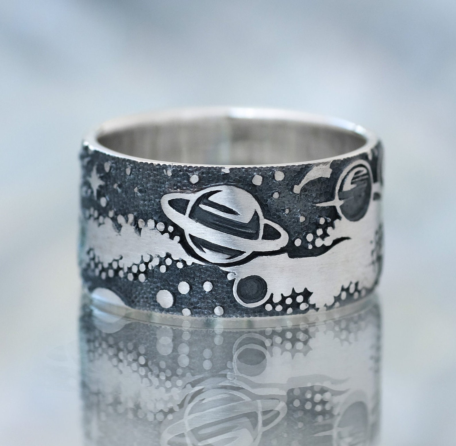 Handmade Sterling Silver Space Ring, Wide Galaxy Band, Cosmic Planet ...