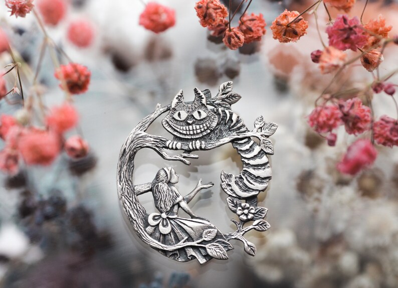 Silver pendant Cheshire cat pendant Alice and Cheshire cat Alice\u2019s Adventures in Wonderland Lewis Carroll Pendant,
