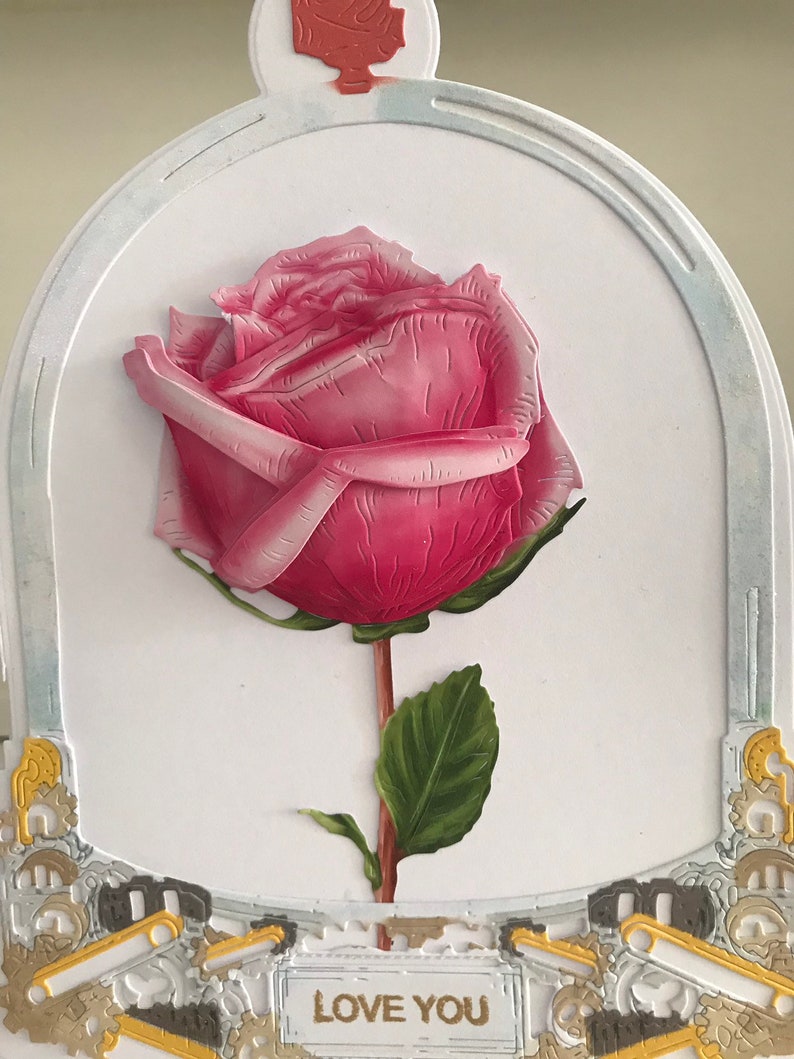 Glass Dome Bell Jar With Rose.Shaped Card With 3D Decoupaged Rose.