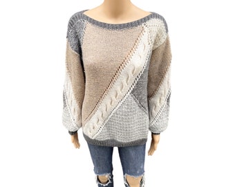 PGS Wool Sweater Womens Beige Medium Oversized Chunky Knit Vintage 80s Retro