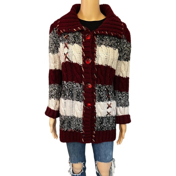 Vintage Mohair Cardigan Balloon Sleeve Black Red White Stripe 14 16 18 main image 1