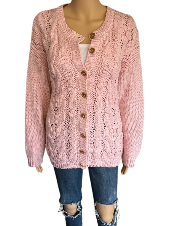 Vintage Cardigan - Pink Hand Knit Sweater - Cable… - image 3