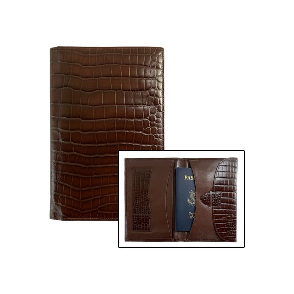 Vintage Alligator Skin Passport Wallet Brown Calfskin Leather Lined Bifold Coat Wallet
