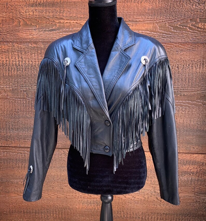 Chia Leathers Vintage 80s Black Fringe Cropped Waist Leather Jacket Women S Small