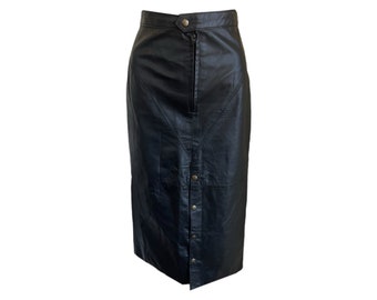 Vintage Lela Leather Skirt Black Leather High Waisted Skirt Size Small Vintage 80s Retro