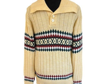 Vintage Thane Argyle Sweater Mens Large 70s Chunky Ribbed Knit Collared Sweater