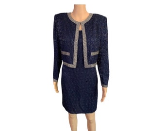 Laurence Kazar Sequin Beaded Silk Jacket Dress Womens Small Vintage 80s Glam