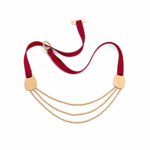 Minimal Gold Necklace with Silk Red Ribbon, Minimal Statement Necklace,  Minimalist Jewellery, Diamond Chain Necklace, Gift For Mom, Woman G