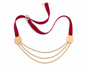 Minimale Gold Halskette mit Seidenband rot, minimale Statementkette, minimalistischen Schmuck, Diamant-Halskette, Geschenk für Mutter, Frau G