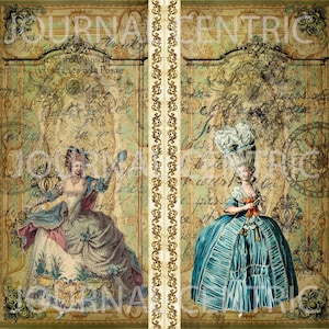 May include: Two vintage illustrations of women in elaborate gowns and hairstyles. The illustrations are set against a background of faded, handwritten text and ornate floral designs.