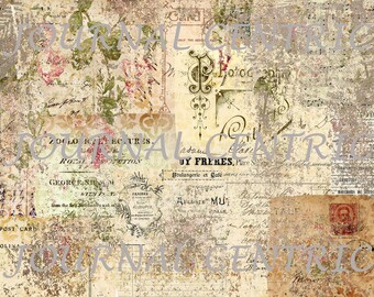 May include: A vintage-style digital paper background with a distressed, textured look. The background features a variety of text, including "Journal Centric", "Zoological Lectures", "George Shum", "UY Freres", and "Auguste Mut". The background also features floral elements and a faded postage stamp.