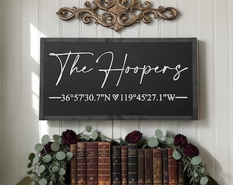 25x13 / Custom Last Name Coordinates Sign / Realtor Gift / GPS Coordinates Wall Art / Modern Last Name Wedding Sign