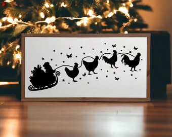 25x13 / Santa Sleigh with Chickens / Farm Christmas Decor / Modern Farmhouse Christmas / Chicken Santa Wall Art / Holiday Decor