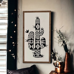 13x25 / Boho Atzec Cactus Wood Sign / Cactus Wall Art / Boho Wall Decor