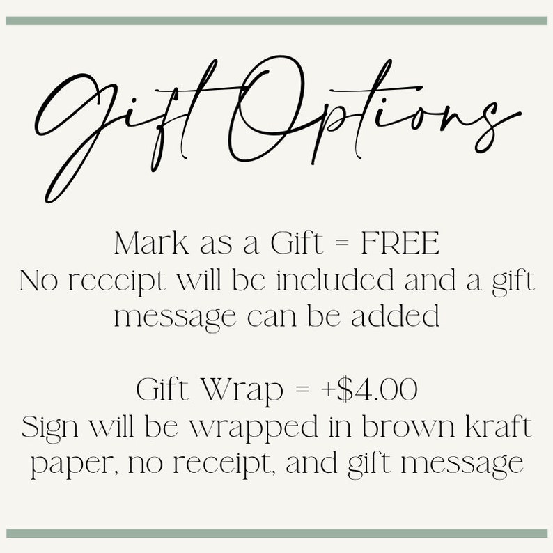 May include: A cream-colored graphic with the words "Gift Options" in elegant script. Text below details gift options: Mark as a Gift = FREE, and Gift Wrap = +$4.00. The image provides information about gift wrapping and messaging.