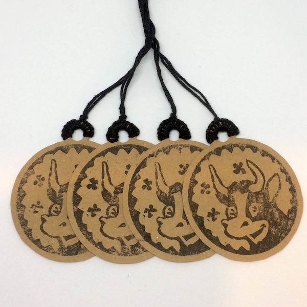 Ferdinand gift tags, 4 pcs, birthday wrapping hang tags, Hand carved illustration stamp