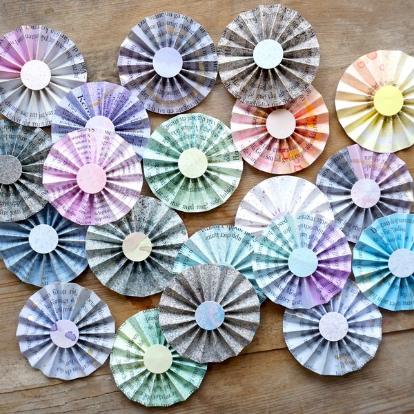 Paper fan stickers - decorative for scrapbooking - crafts - invitations - handmade from recycled book pages - rosettes