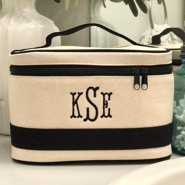 Monogrammed Canvas Train Case, Personalized Cosmetic Case, Toiletry Bag, Travel Bag,  Bridesmaid Gift, Graduation Gift, Travel Bag