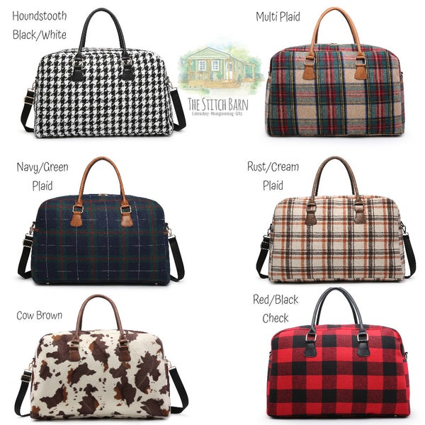 Monogrammed Plaid Duffel Bag, Personalized Buffalo Check Duffel Bag, Plaid Weekender Bag, Travel Bag