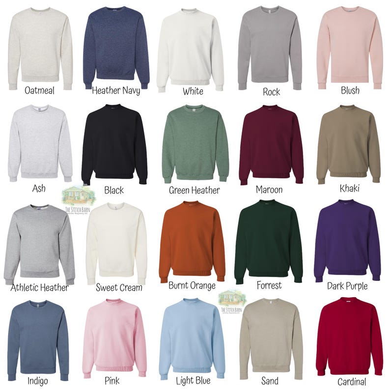 Pu&ograve; includere: Una collezione di 20 felpe con collo a girocollo in vari colori, tra cui avena, blu navy melange, bianco, grigio scuro, rosa chiaro, cenere, nero, verde melange, granata, kaki, grigio melange atletico, crema dolce, arancione bruciato, verde bosco, viola scuro, indaco, rosa, azzurro, sabbia e cardinale.