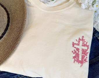 Floral Cross Embroidered Crewneck T-Shirt - Comfort Colors Floral Cross T-Shirt - Faith Based Tee- Christian T-Shirt - Easter T-Shirt