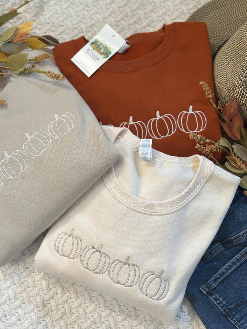 Pumpkin Outline Embroidered Sweatshirt- Pumpkin Outline Pullover - Simple Fall Pumpkin Crewneck - Minimal Fall Sweatshirt - Thanksgiving image 3
