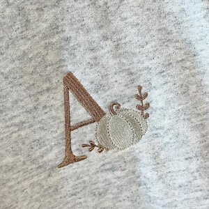 May include: A grey sweatshirt with a brown embroidered letter A and a small pumpkin with leaves.