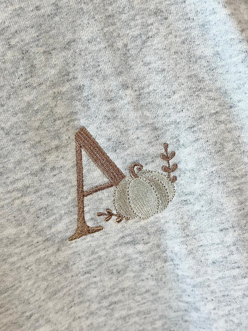 May include: A grey sweatshirt with a brown embroidered letter A and a small pumpkin with leaves.