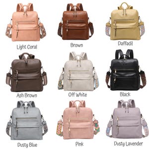 May include: Nine faux leather backpacks in different colours, each with a zipped front pocket and a patterned strap. The colours are light coral, brown, daffodil, ash brown, off white, black, dusty blue, pink, and dusty lavender.