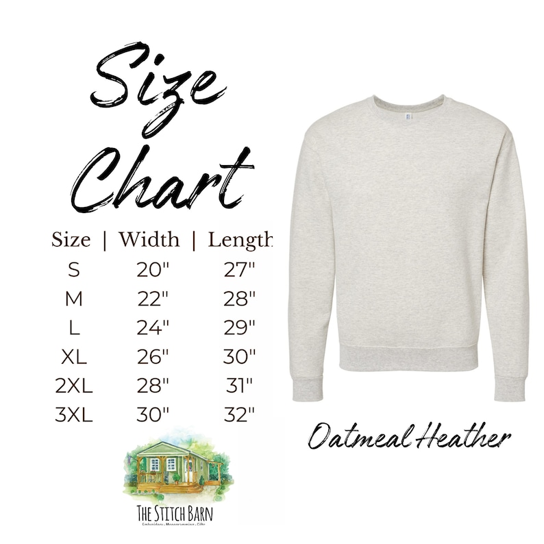 May include: Size chart for a sweatshirt in oatmeal heather. The chart shows the width and length of the sweatshirt in inches for sizes S, M, L, XL, 2XL, and 3XL.