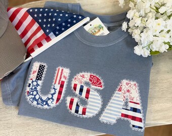 USA Quilted Pattern Lace Applique Tee - Embroidered T-Shirt - Fourth of July Shirt - Vintage Quilt T-Shirt - Red White and Blue