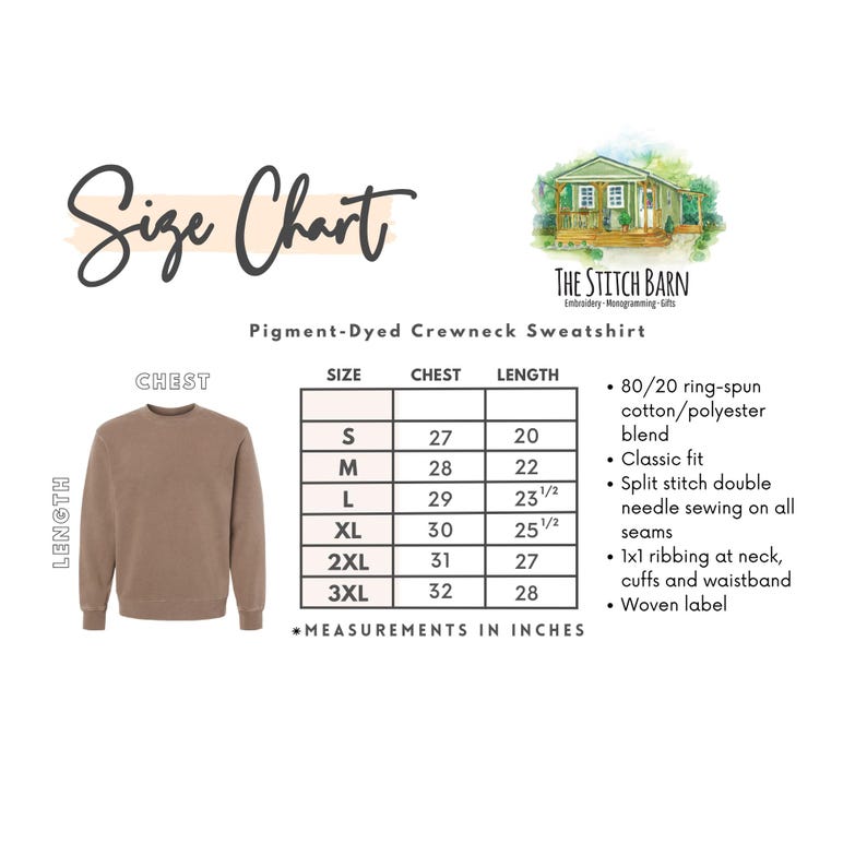 Peut inclure: Tableau des tailles pour un sweat &agrave; col rond teint&eacute; en pigment. Le tableau indique les tailles S &agrave; 3XL avec les mesures de poitrine et de longueur correspondantes en pouces. Le sweat-shirt est compos&eacute; d'un m&eacute;lange de coton/polyester 80/20 ring-spun, a une coupe classique, une double couture &agrave; points s&eacute;par&eacute;s sur toutes les coutures, un bord c&ocirc;tel&eacute; 1x1 au niveau du cou, des poignets et de la taille, et une &eacute;tiquette tiss&eacute;e.