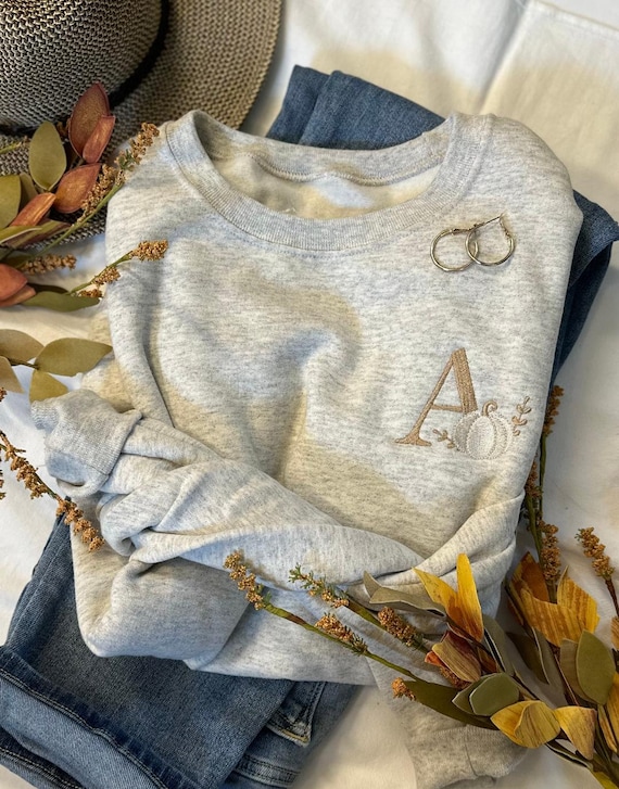 Fall Pumpkin Personalized Sweatshirt - Minimalist Embroidered Fall Crewneck - Neutral White Pumpkin Sweatshirt - Minimal Fall Pullover