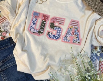 USA Quilted Pattern Applique Tee - Embroidered T-shirt