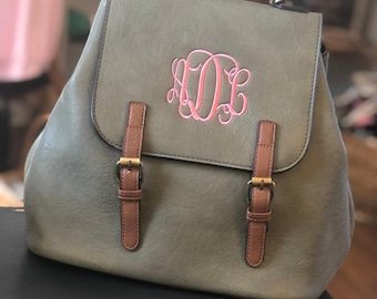 Monogrammed Leather Convertible Backpack, Personalized Leather Flapover Backpack,  Vegan Leather Backpack, Blu