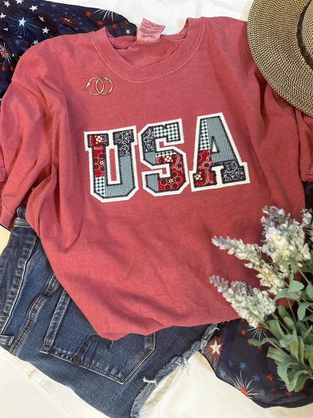 USA Americana Applique Tee - Embroidered T-shirt - Fourth of