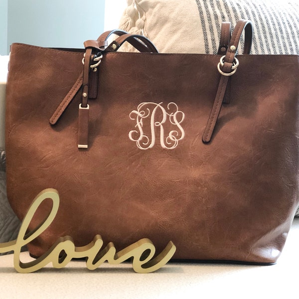 Monogrammed 2 in 1 Vegan Leather Tote, Personalized Leather Handbag, Crossbody Bag, Personalized Large Purse, Monogram Shoulder Bag, Madison