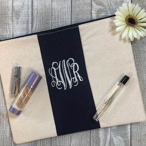 Monogrammed Canvas Cosmetic Pouch, Personalized Cosmetic Bag, Large Zippered Pouch, Bridesmaid Gift, Graduation Gift, Mother's Day Gift
