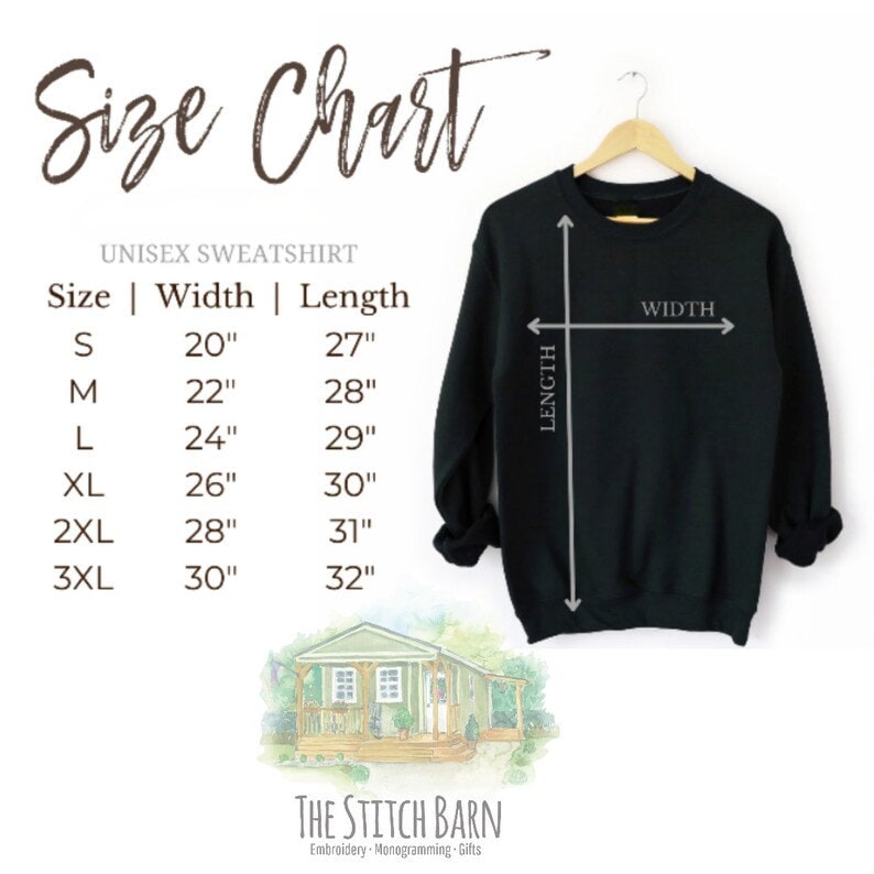 May include: Size chart for a unisex sweatshirt. The chart shows the width and length measurements in inches for sizes S, M, L, XL, 2XL, and 3XL.