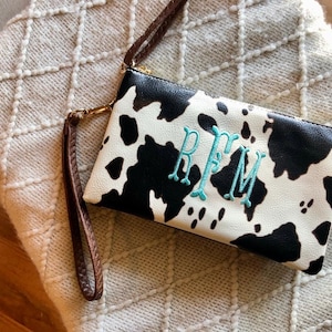 Bolso bandolera con estampado de vaca monogramado, cartera de pulsera con estampado de vaca personalizada, bolso bandolera con estampado animal, Ricky