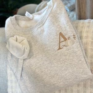 May include: A grey sweatshirt with a brown embroidered letter A and a pumpkin design.