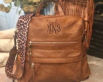 Monogrammed Guitar Strap Backpack, Monogram Backpack Purse, Personalized Convertible Vegan Leather Backpack, Abby
