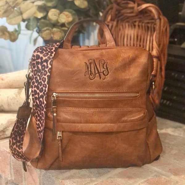 Monogrammed Guitar Strap Backpack, Monogram Backpack Purse, Personalized Convertible Vegan Leather Backpack, Abby