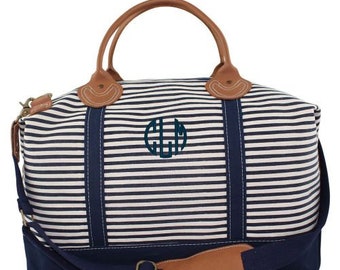 Monogrammed Canvas Navy Striped Weekender Bag, Personalized Navy Striped Weekender Bag, Canvas Bag, Travel Bag, Graduation, Overnight Bag