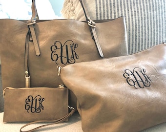 Monogrammed 2 in 1 Vegan Leather Tote and Wallet Set, Personalized Leather Handbag, Monogram Wallet, Madison, Berkley, Mothers Day